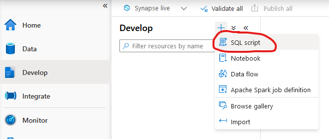 Azure Synapse Studio New SQL Script