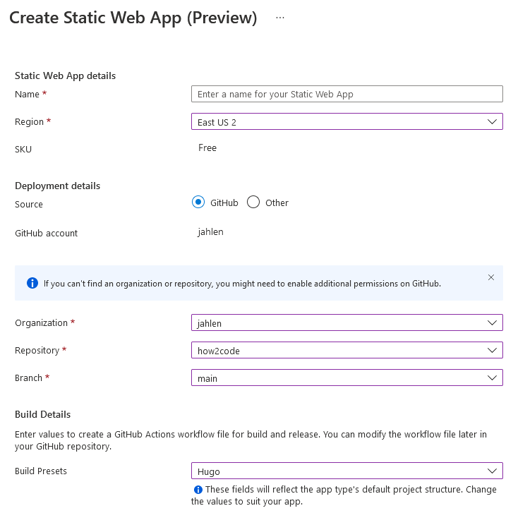Azure Portal - Create Static Web App